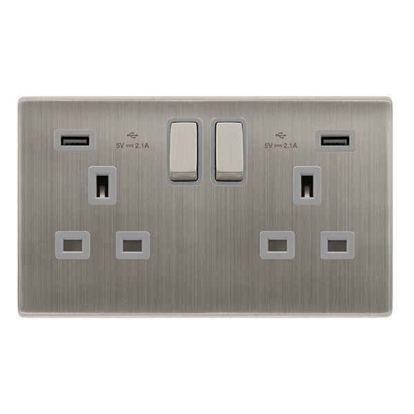 Click SFSS580GY Definity Complete Stainless Steel Screwless 2 Gang 13A 2x USB-A 2.1A Switched Socket - Grey Insert
