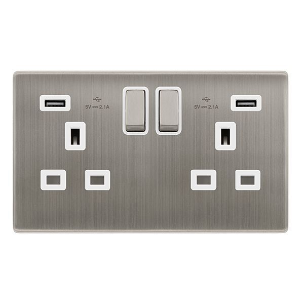 Click SFSS580PW Definity Complete Stainless Steel Screwless 2 Gang 13A 2x USB-A 2.1A Switched Socket - White Insert