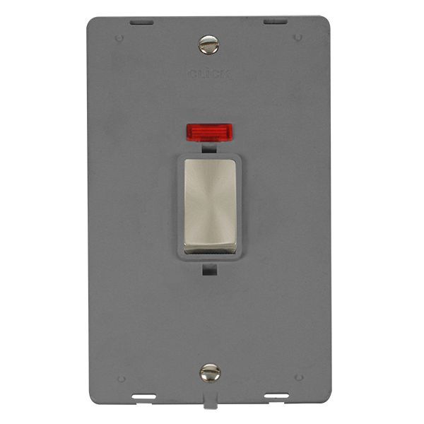 Click SIN503GYBS Brushed Steel Definity Ingot 2 Gang 45A 2 Pole Neon Vertical Plate Switch Insert - Grey Insert