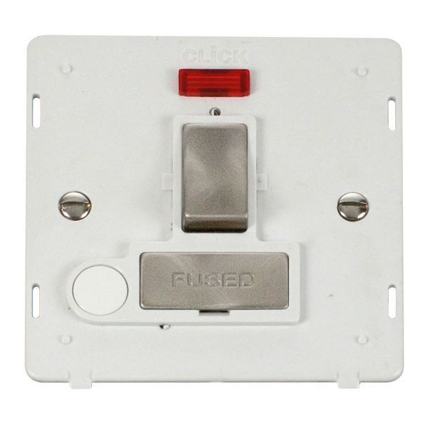 Click SIN552PWBS Brushed Steel Definity Ingot 13A 2 Pole Flex Outlet Neon Switched Fused Spur Unit Insert - White Insert