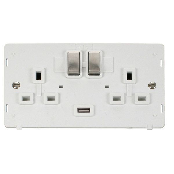 Click SIN570PWSS Stainless Steel Definity Ingot 2 Gang 13A 1x 2.1A USB-A Switched Socket Insert - White Insert