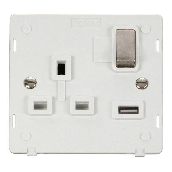 Click SIN571PWBS Brushed Steel Definity Ingot 1 Gang 13A 1x 2.1A USB-A Switched Socket Insert - White Insert