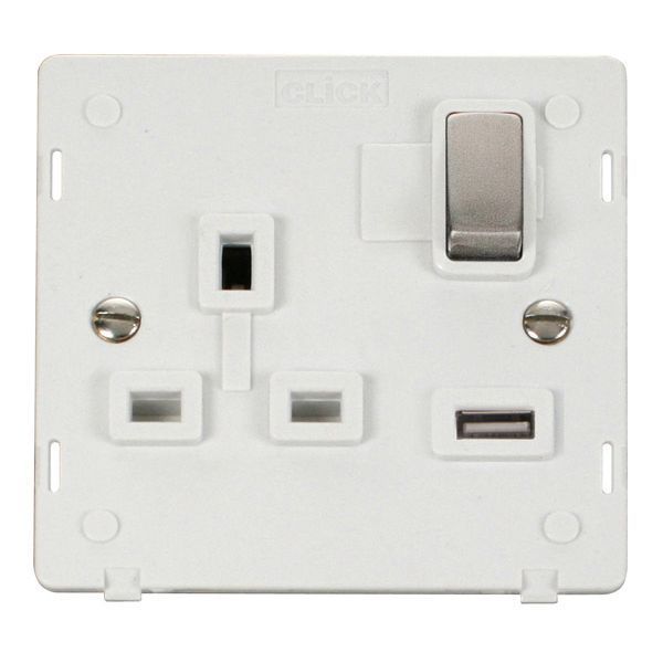 Click SIN571PWSS Stainless Steel Definity Ingot 1 Gang 13A 1x 2.1A USB-A Switched Socket Insert - White Insert