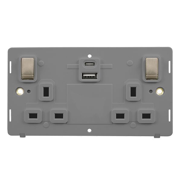 Click SIN586GYBS Brushed Steel Definity Ingot 2 Gang 13A 1x USB-A 1x USB-C 4.2A Switched Socket Insert - Grey Insert