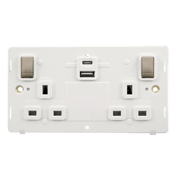 Click SIN586PWBS Brushed Steel Definity Ingot 2 Gang 13A 1x USB-A 1x USB-C 4.2A Switched Socket Insert - White Insert