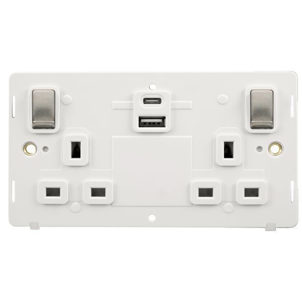 Click SIN586PWSS Stainless Steel Definity Ingot 2 Gang 13A 1x USB-A 1x USB-C 4.2A Switched Socket Insert - White Insert