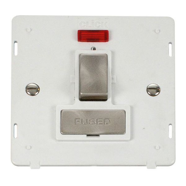 Click SIN752PWBS Brushed Steel Definity Ingot 13A 2 Pole Neon Switched Fused Spur Unit Insert - White Insert