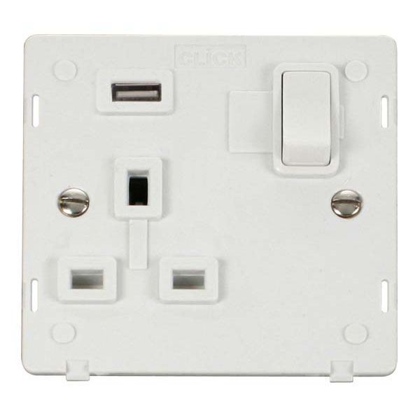 Click SIN771UPW White Definity 1 Gang 13A 1x 2.1A USB-A Switched Socket Insert - White Insert