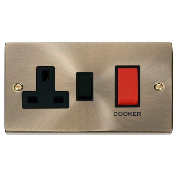 Click VPAB204BK Deco Antique Brass 45A Cooker Switch Unit with 13A 2 Pole Switched Socket - Black Insert