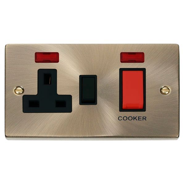 Click VPAB205BK Deco Antique Brass 45A Cooker Switch Unit with 13A 2 Pole Neon - Switched Socket Black Insert