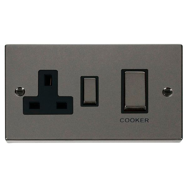 Click VPBN504BK Deco Black Nickel Ingot 45A Cooker Switch Unit with 13A 2 Pole Switched Socket - Black Insert