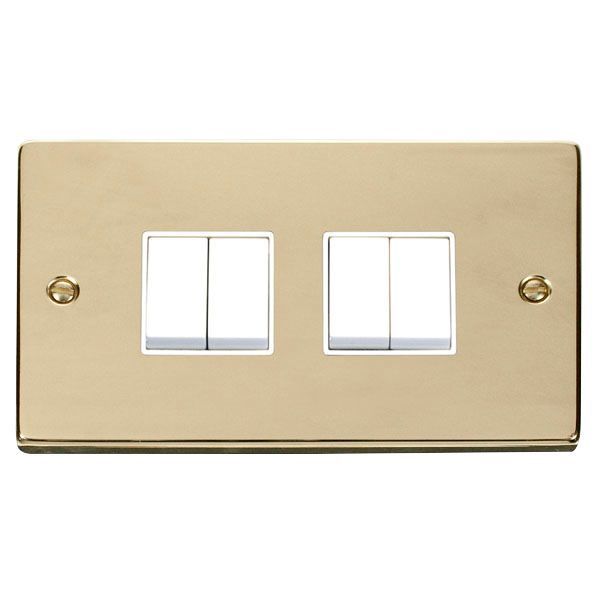 Click VPBR014WH Deco Polished Brass 4 Gang 10AX 2 Way Plate Switch - White Insert