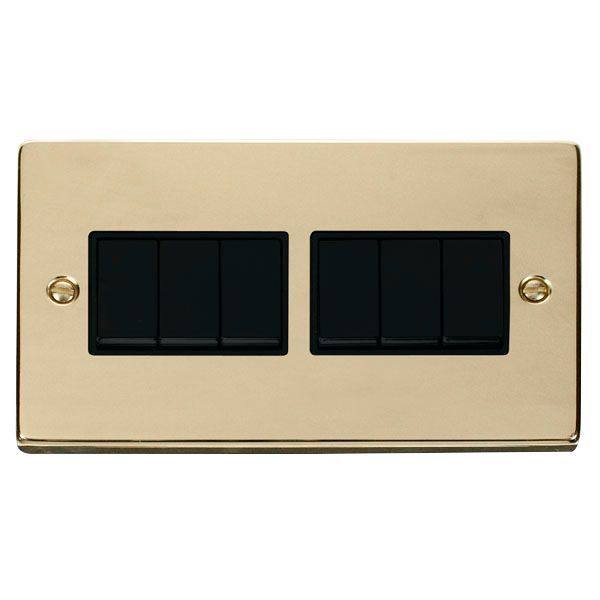 Click VPBR105BK Deco Polished Brass 6 Gang 10AX 2 Way Plate Switch - Black Insert