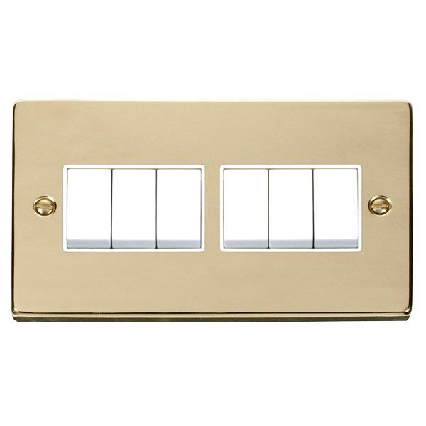 Click VPBR105WH Deco Polished Brass 6 Gang 10AX 2 Way Plate Switch - White Insert