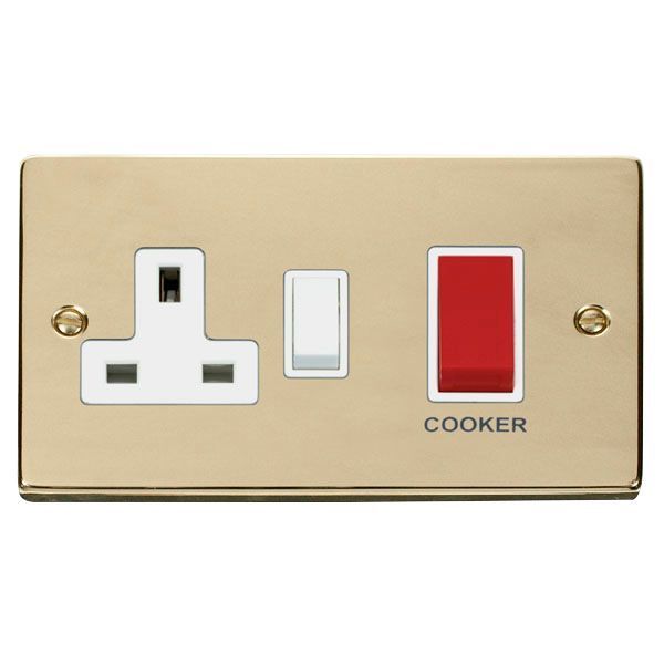 Click VPBR204WH Deco Polished Brass 45A Cooker Switch Unit with 13A 2 Pole Switched Socket - White Insert