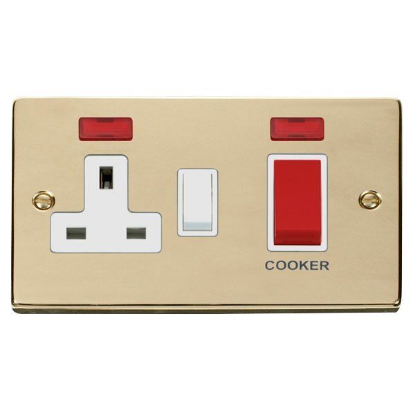 Neon Click Deco 45A Gold Brass Cooker Control Unit With Socket VPBR205WH 