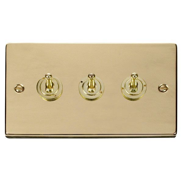 Click VPBR423 Deco Polished Brass 3 Gang 10AX 2 Way Dolly Toggle Switch
