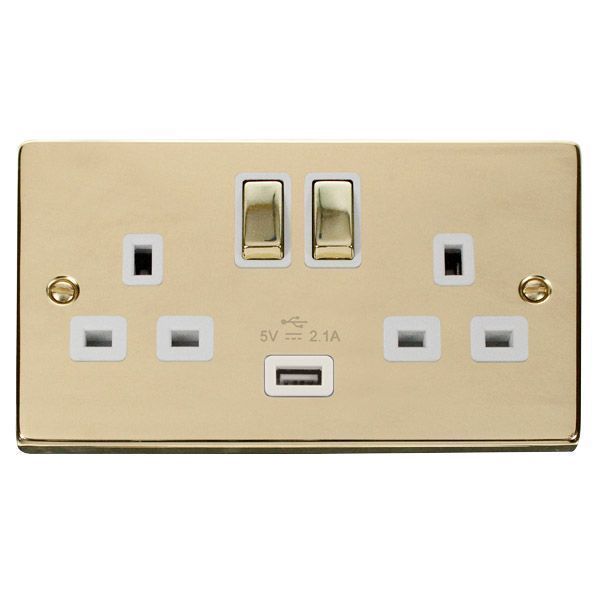 Click VPBR570WH Deco Polished Brass Ingot 2 Gang 13A 1x USB-A 2.1A Switched Socket - White Insert