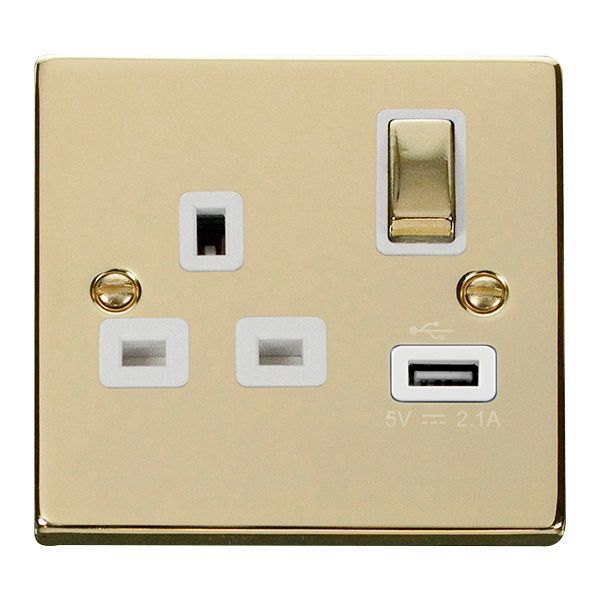 Click VPBR571WH Deco Polished Brass Ingot 1 Gang 13A 1x USB-A 2.1A Switched Socket - White Insert