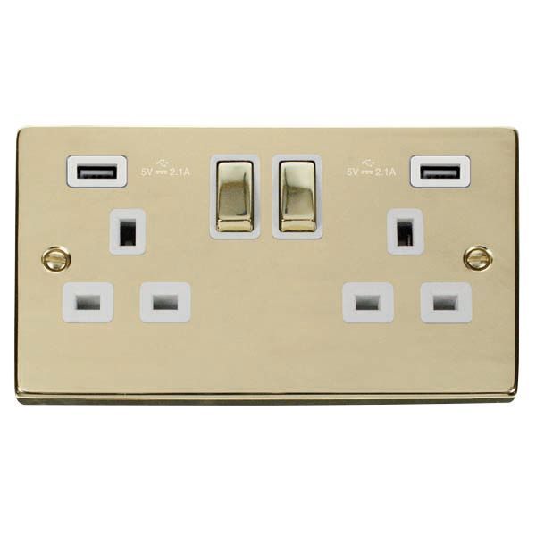 Click VPBR580WH Deco Polished Brass Ingot 2 Gang 13A 2x USB-A 4.2A Switched Socket - White Insert