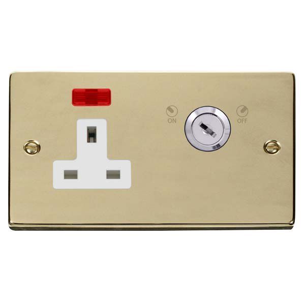 Click VPBR675WH Deco Polished Brass 1 Gang Double-Plate 13A 2 Pole Neon Lockable Socket - White Insert