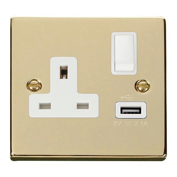Click VPBR771WH Deco Polished Brass 1 Gang 13A 1x USB-A 2.1A Switched Socket - White Insert