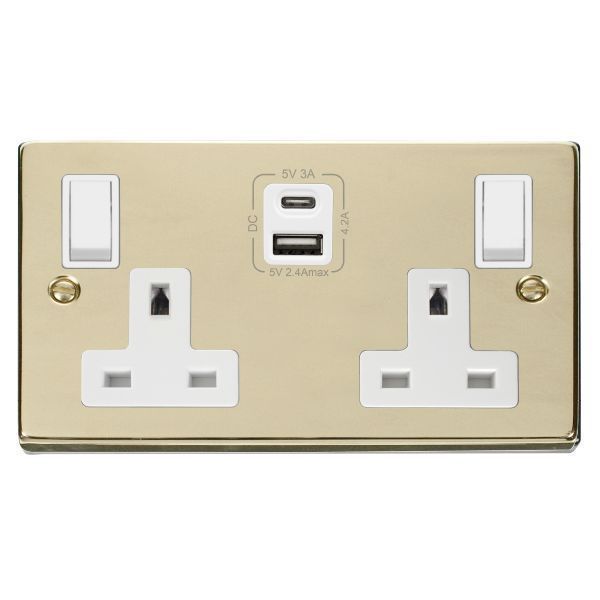 Click VPBR786WH Deco Polished Brass 2 Gang 13A 1x USB-A 1x USB-C 4.2A Switched Socket - White Insert