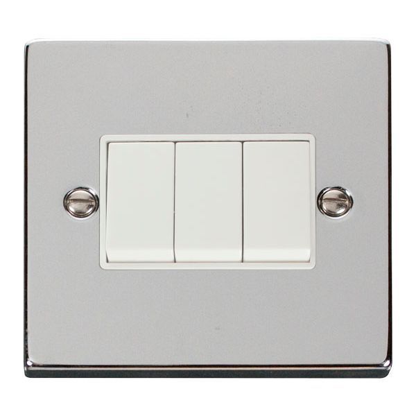 Click VPCH013WH Deco Polished Chrome 3 Gang 10AX 2 Way Plate Switch - White Insert