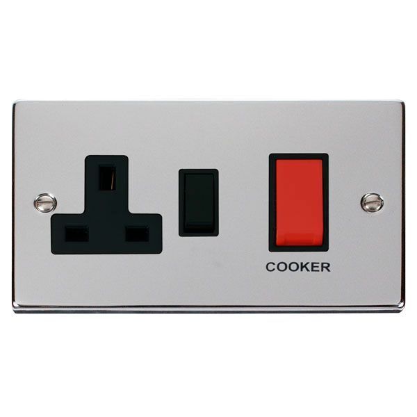 Click VPCH204BK Deco Polished Chrome 45A Cooker Switch Unit with 13A 2 Pole Switched Socket - Black Insert