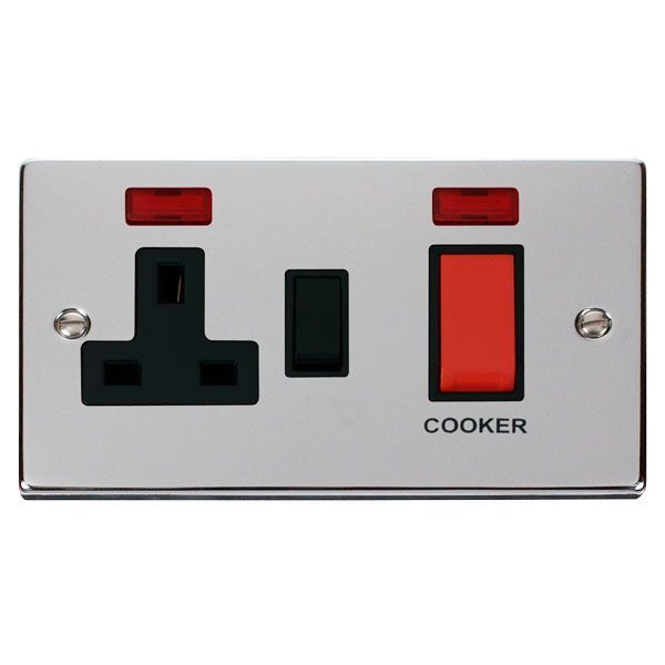 Click VPCH205BK Deco Polished Chrome 45A Cooker Switch Unit with 13A 2 Pole Neon Switched Socket - Black Insert