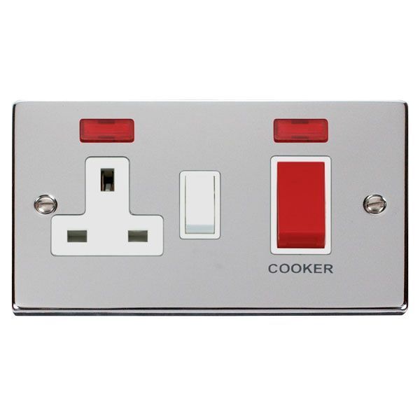 Click VPCH205WH Deco Polished Chrome 45A Cooker Switch Unit with 13A 2 Pole Neon Switched Socket - White Insert