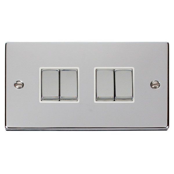 Click VPCH414WH Deco Polished Chrome Ingot 4 Gang 10AX 2 Way Plate Switch - White Insert