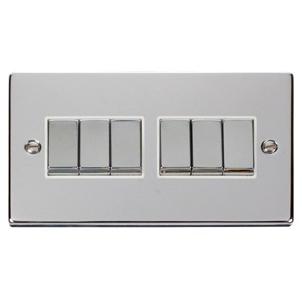 Click VPCH416WH Deco Polished Chrome Ingot 6 Gang 10AX 2 Way Plate Switch - White Insert