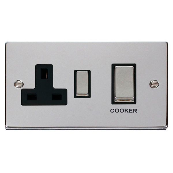 Click VPCH504BK Deco Polished Chrome Ingot 45A Cooker Switch Unit with 13A 2 Pole Switched Socket - Black Insert
