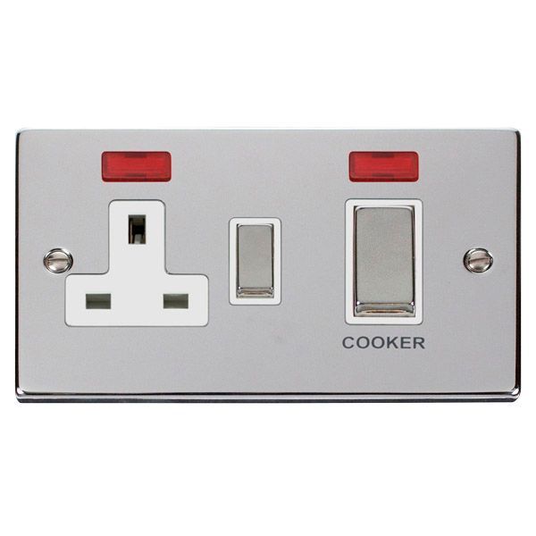 Click VPCH505WH Deco Polished Chrome Ingot 45A Cooker Switch Unit 13A 2 Pole Neon Switched Socket - White Insert
