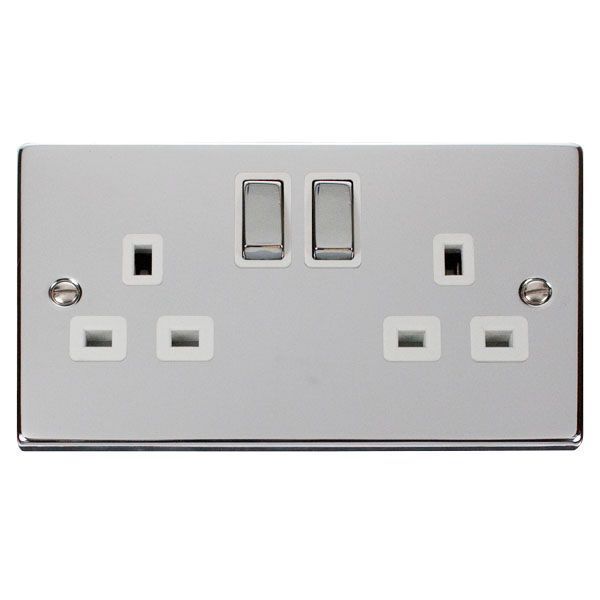 Click VPCH536WH Deco Polished Chrome Ingot 2 Gang 13A 2 Pole Switched Socket - White Insert