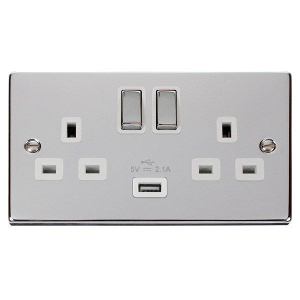 Click VPCH570WH Deco Polished Chrome Ingot 2 Gang 13A 1x USB-A 2.1A Switched Socket - White Insert