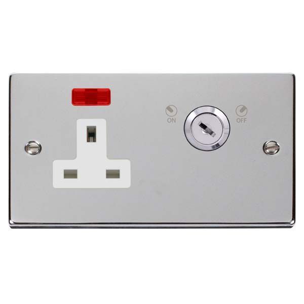 Click VPCH675WH Deco Polished Chrome 1 Gang Double-Plate 13A 2 Pole Neon Lockable Socket - White Insert