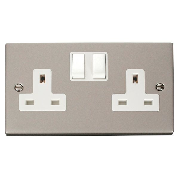 Click VPPN036WH Deco Pearl Nickel 2 Gang 13A 2 Pole Switched Socket - White Insert