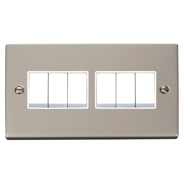 Click VPPN105WH Deco Pearl Nickel 6 Gang 10AX 2 Way Plate Switch - White Insert