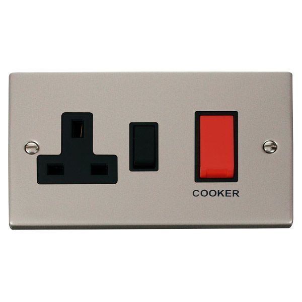 Click VPPN204BK Deco Pearl Nickel 45A Cooker Switch Unit with 13A 2 Pole Switched Socket - Black Insert