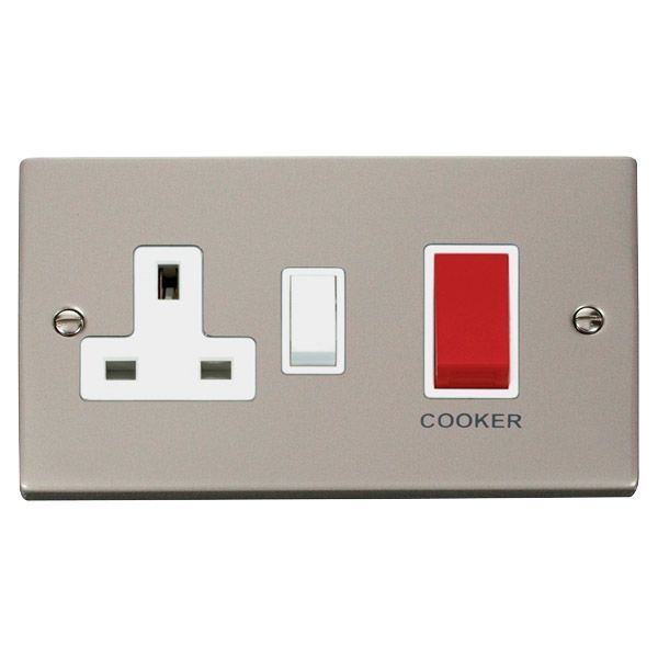 Click VPPN204WH Deco Pearl Nickel 45A Cooker Switch Unit with 13A 2 Pole Switched Socket - White Insert
