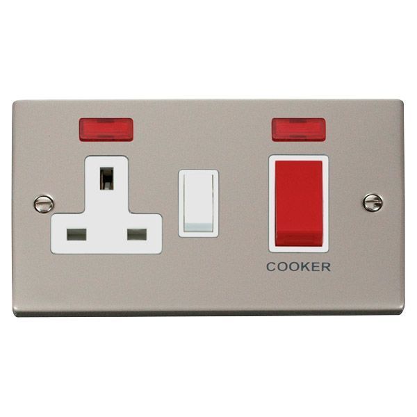 Click VPPN205WH Deco Pearl Nickel 45A Cooker Switch Unit with 13A 2 Pole Neon Switched Socket - White Insert