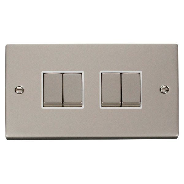 Click VPPN414WH Deco Pearl Nickel Ingot 4 Gang 10AX 2 Way Plate Switch - White Insert