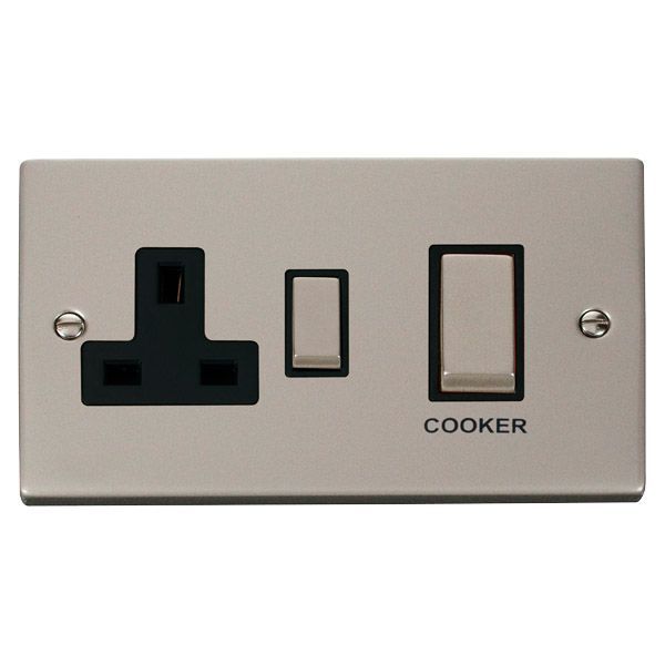 Click VPPN504BK Deco Pearl Nickel Ingot 45A Cooker Switch Unit with 13A 2 Pole Switched Socket - Black Insert