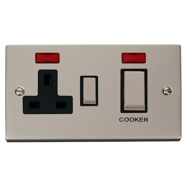 Click VPPN505BK Deco Pearl Nickel Ingot 45A Cooker Switch Unit with 13A 2 Pole Neon Switched Socket - Black Insert