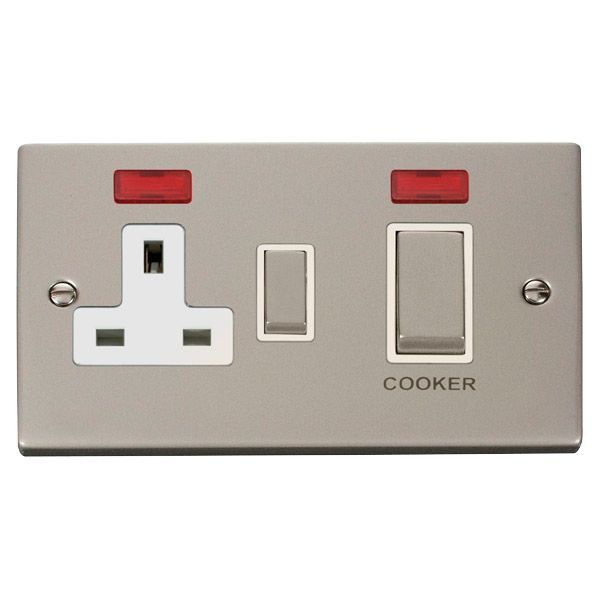 Click VPPN505WH Deco Pearl Nickel Ingot 45A Cooker Switch Unit 13A 2 Pole Neon Switched Socket - White Insert