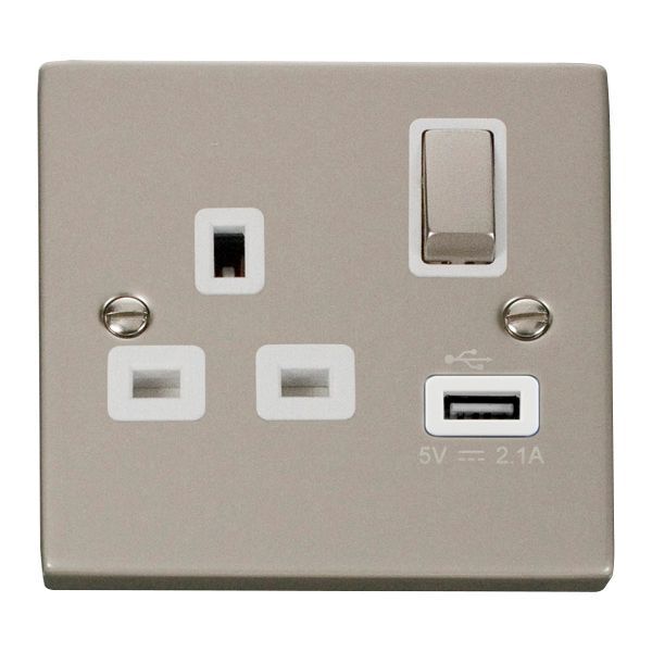 Click VPPN571WH Deco Pearl Nickel Ingot 1 Gang 13A 1x USB-A 2.1A Switched Socket - White Insert