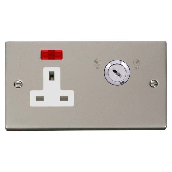 Click VPPN675WH Deco Pearl Nickel 1 Gang Double-Plate 13A 2 Pole Neon Lockable Socket - White Insert