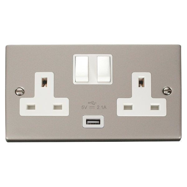 Click VPPN770WH Deco Pearl Nickel 2 Gang 13A 1x USB-A 2.1A Switched Socket - White Insert